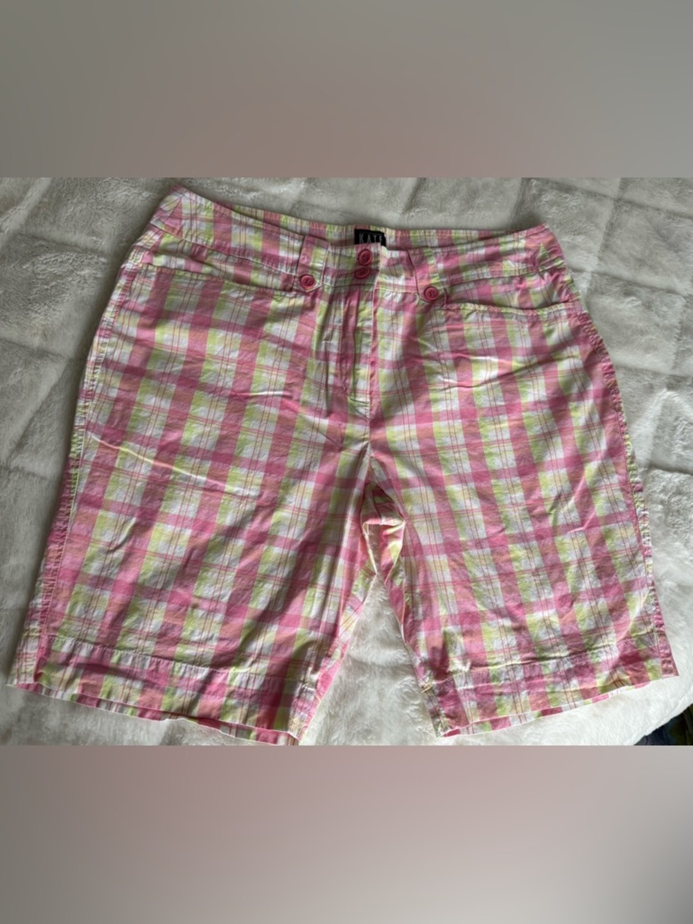 Kate Lord Plaid Pink & Lime Green Mid-Rise Women’s Bermuda Shorts